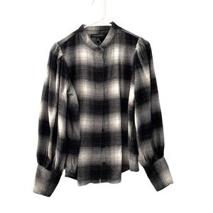 Banana Republic Plaid Flannel Shirt Blouse Long Sleeves Black White XS